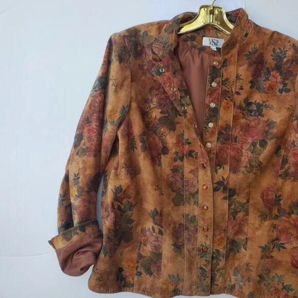 Leather Suede Jacket Cottagecore Romantic Floral Snap Down Vintage - Picture 11 of 16